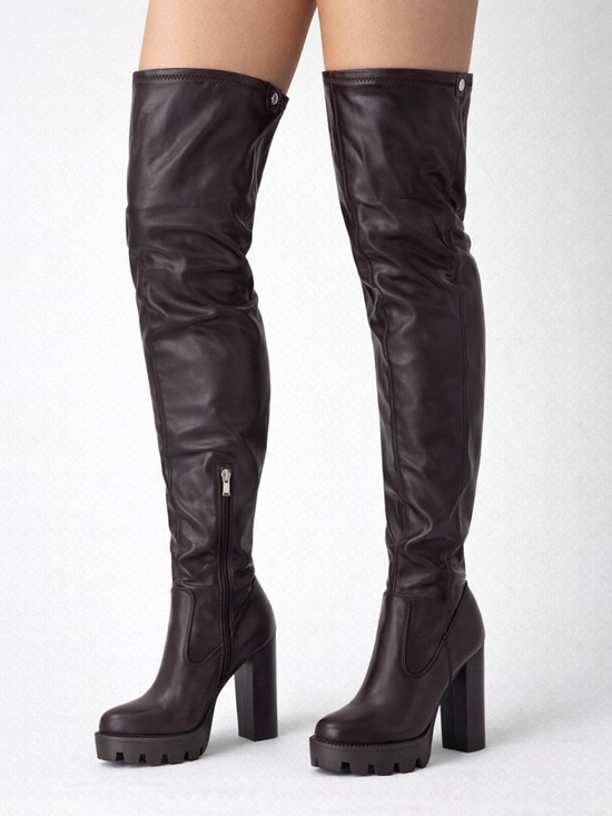 Azalea Wang Shoes - Azalea Wang Ashland Chocolate Thigh High Platform Boots | Chunky Heel Sz 6, 8.5
